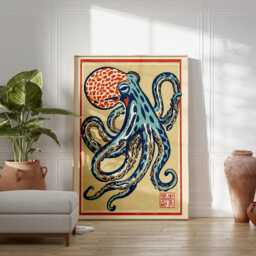 Blue Red Octopus Poster - Japanese Folk Linocut Illustration Marine Wall Art - thumbnail 3