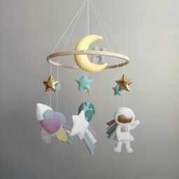Handmade Astronaut Girl Baby Mobile Felt Space Nursery Decor - thumbnail 2