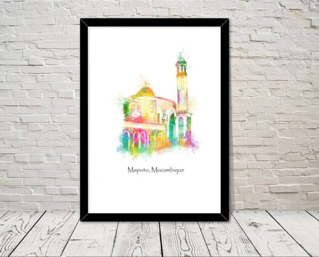 Mozambique Maputo Mosque Islamic Art Watercolour Illustration Prints Islamic Wall Decor Gifts Muslim Islam