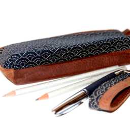 Large Wave Pencil Case Waxed Italian Leather With Base Holds 20 Pens Handmade Gift Seigaiha Unique Item - thumbnail 3