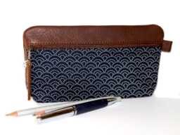 Large Wave Pencil Case Waxed Italian Leather With Base Holds 20 Pens Handmade Gift Seigaiha Unique Item