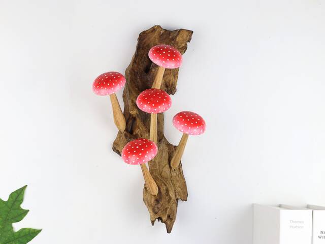 Red Hanging Mushroom Deco, Wall Art, Wooden Carving, Nature-Inspired Gift, Rustic Wood Mushroom, Gift For Her, Valentine Day - image 1
