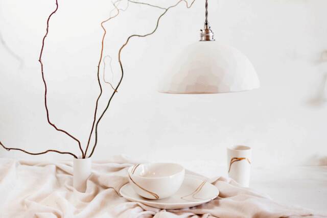 Geo Modern Vintage Porcelain Pendant Light Fixture - Handmade White Ceramic Shade - image 1