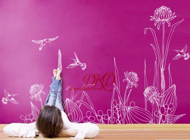 Spring Flower With Hummingbirds -Birds Decal, Nursery Wall Decals, Children Baby Room Decals Sticker Home Decor-Dk122 - image 1