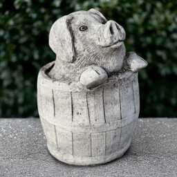 Stone Pig in Barrel Statue Concrete Piglet Sculpture Farm Animal Decor Pig Garden Ornament Cement Bucket Figurine Yard Art - thumbnail 2