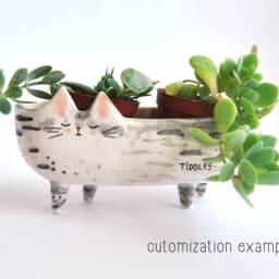 Ceramic Siamese Cat Planter. Bowl Decorated With Multicolor Stripes. Ready To Ship - thumbnail 4
