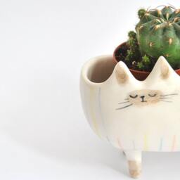 Ceramic Siamese Cat Planter. Bowl Decorated With Multicolor Stripes. Ready To Ship - thumbnail 3
