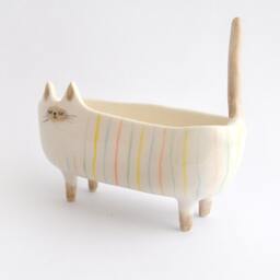 Ceramic Siamese Cat Planter. Bowl Decorated With Multicolor Stripes. Ready To Ship - thumbnail 2