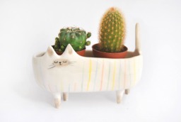 Ceramic Siamese Cat Planter. Bowl Decorated With Multicolor Stripes. Ready To Ship - thumbnail 1