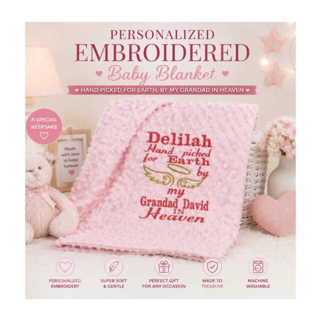 Personalised Hand Picked For Earth Baby Blanket, Embroidered Memorial Keepsake, Gift, Loved One in Heaven, 100 X 75cm - image 1