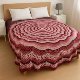 Handmade Boho Mandala Crochet Blanket - Pink & Burgundy, 70-Inch Bedspread - thumbnail 2