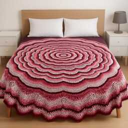 Handmade Boho Mandala Crochet Blanket - Pink & Burgundy, 70-Inch Bedspread - thumbnail 3