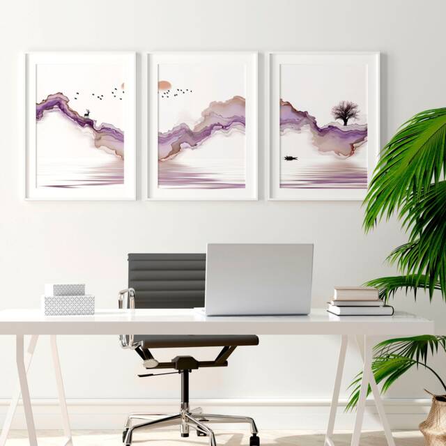 Trendy Japandi Landscape Sunset Set Of 3 Framed Wall Art Prints For A Calming Office Desk Decor, Zen Gallery Home - image 1