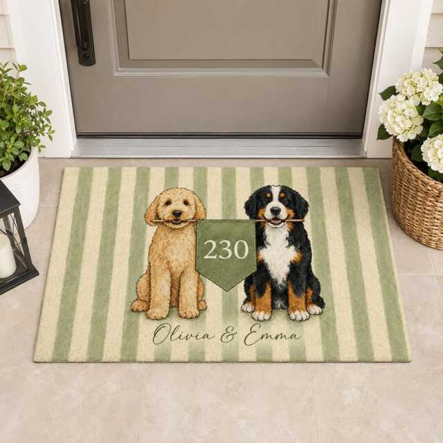 Custom Pet Doormat Personalized Stripe Door Mat With Dog Portrait, House Number & Names - image 1