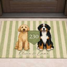 Custom Pet Doormat Personalized Stripe Door Mat With Dog Portrait, House Number & Names - thumbnail 2