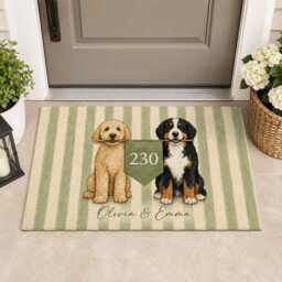 Custom Pet Doormat Personalized Stripe Door Mat With Dog Portrait, House Number & Names