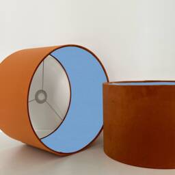 Burnt Orange Velvet Drum Lampshade, Double Sided Lampshade With Light Blue Cotton Interior