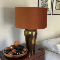 Burnt Orange Velvet Drum Lampshade, Double Sided Lampshade With Light Blue Cotton Interior - thumbnail 2