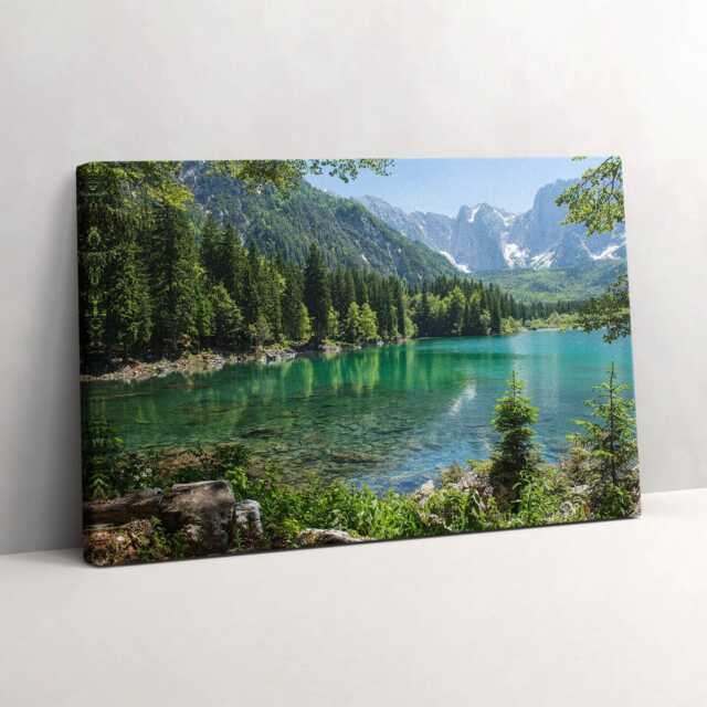 Mountain Landscape Of A Lake in The Forest Canvas, Picture Wall Hanging, Green Art, Landscape Canvas Painting - image 1