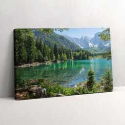 Mountain Landscape Of A Lake in The Forest Canvas, Picture Wall Hanging, Green Art, Landscape Canvas Painting - thumbnail 1