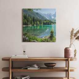 Mountain Landscape Of A Lake in The Forest Canvas, Picture Wall Hanging, Green Art, Landscape Canvas Painting - thumbnail 2