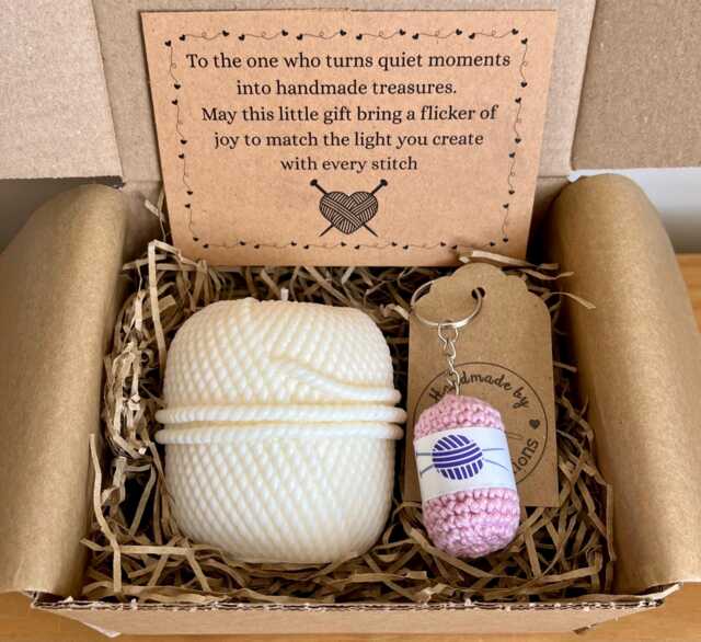 Knitting Gift Set, Handmade Wool Ball Candle & One Yarn Keychain - For Knitter Lover Yarn - image 1