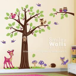 Nursery Wall Decal, Woodland Forest Animals Tree Decal, Bambi Deer Owls Squirrels Raccoon Baby Kids Room Art Decor - thumbnail 2