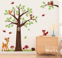Nursery Wall Decal, Woodland Forest Animals Tree Decal, Bambi Deer Owls Squirrels Raccoon Baby Kids Room Art Decor