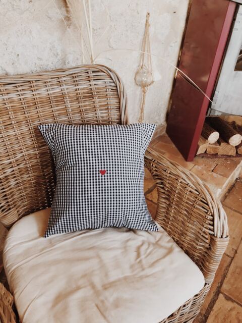 Cushion Cover, Small Gingham Check Cotton, 6 Colors To Choose From, Heart Motif, French Made - image 1