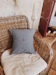 Cushion Cover, Small Gingham Check Cotton, 6 Colors To Choose From, Heart Motif, French Made - thumbnail 1