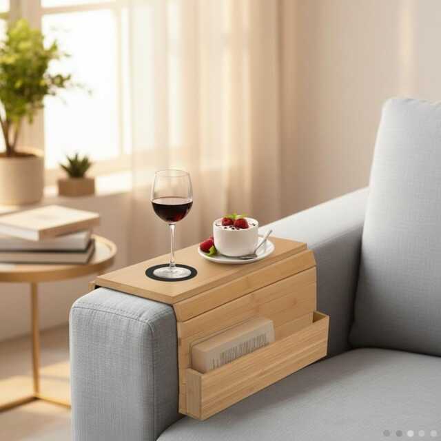 Wooden Sofa Armrest Tray - Couch Table With Cup Holder, Space Saving Organizer - image 1
