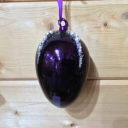 Shiny Aubergine Purple Hand Blown Glass Egg Shape Hanging Christmas Decorations With Diamante Beads - Winter Tree Ornaments Festive Gift
