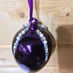 Shiny Aubergine Purple Hand Blown Glass Egg Shape Hanging Christmas Decorations With Diamante Beads - Winter Tree Ornaments Festive Gift - thumbnail 3