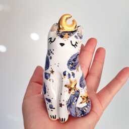 Moon Phases Cat Figurine, Celestial Art, Galaxy Sculpture, Crescent Cat, Sailor Moon, Ceramic Crazy Lady, Milky Way - thumbnail 1