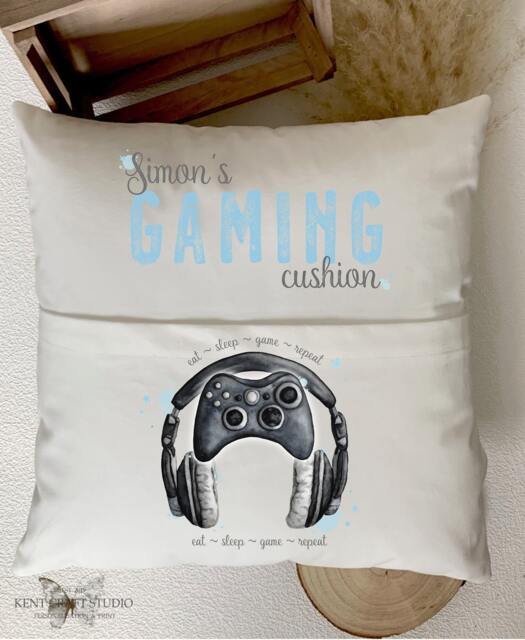 Personalised Gaming Boys Girls Room Pocket Cushion - Gamer Controller Headset - image 1