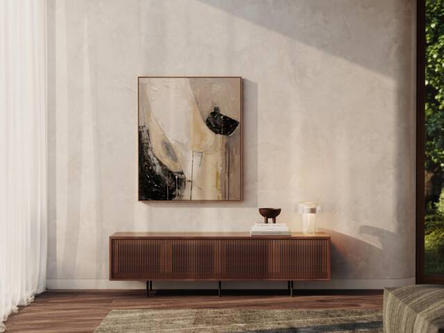 Long Walnut Sideboard, Mid Century Modern Tv Stand, Slatted Doors - image 1