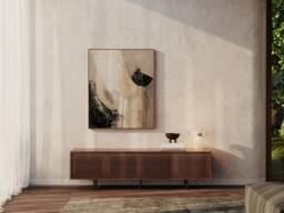Long Walnut Sideboard, Mid Century Modern Tv Stand, Slatted Doors - thumbnail 1