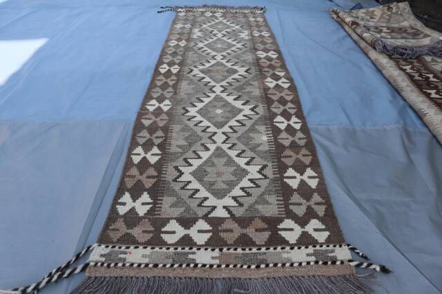 2.1x6.7 Ft Short Narrow Runner Kilim Rug, Handmade Wool Flatweave Natural Veg Dyes Oriental Beige Gray Kilim, Hallway Rug - image 1