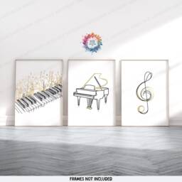 Minimalist Gold Piano Prints - Set Of 3 Wall Art - Line Drawing Posters Music Room Decor Sketch Design Key Print - thumbnail 2