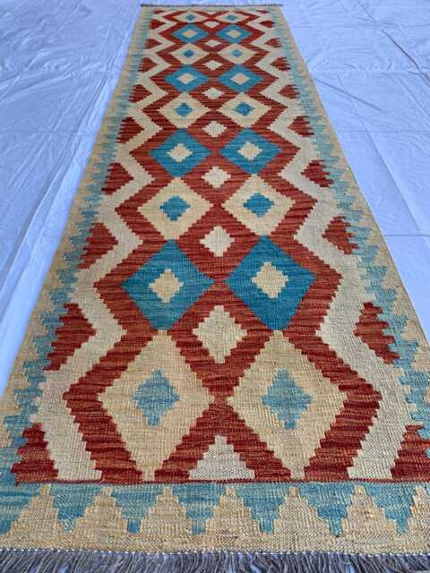 Handwoven Afghan Chobi Kilim Runner Geometric Wool Rug - 3x10 Ft - image 1