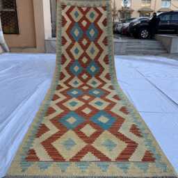 Handwoven Afghan Chobi Kilim Runner Geometric Wool Rug - 3x10 Ft - thumbnail 2