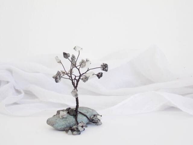 Rutilated Quartz Wire Tree Sculpture, Copper Bonsai On Greek Pebble - image 1
