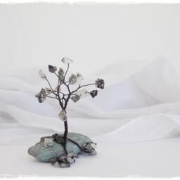 Rutilated Quartz Wire Tree Sculpture, Copper Bonsai On Greek Pebble - thumbnail 3