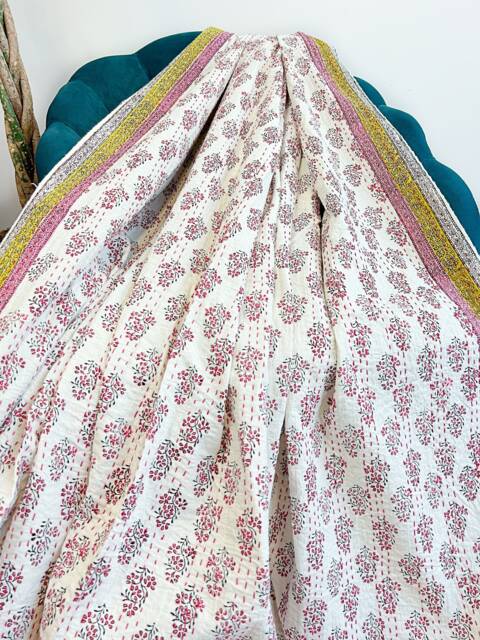 Kantha Stitch Pure Cotton Reversible Bed/Sofa Throw King Size Handmade Handprint Dohar White Pink Yellow Jaipur Floral Henna Pottery Border - image 1