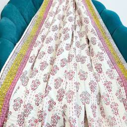 Kantha Stitch Pure Cotton Reversible Bed/Sofa Throw King Size Handmade Handprint Dohar White Pink Yellow Jaipur Floral Henna Pottery Border - thumbnail 3
