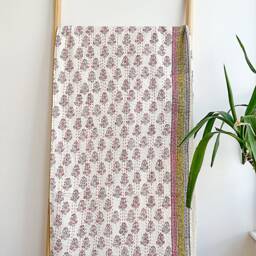 Kantha Stitch Pure Cotton Reversible Bed/Sofa Throw King Size Handmade Handprint Dohar White Pink Yellow Jaipur Floral Henna Pottery Border - thumbnail 2