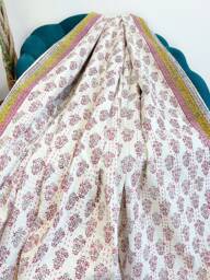 Kantha Stitch Pure Cotton Reversible Bed/Sofa Throw King Size Handmade Handprint Dohar White Pink Yellow Jaipur Floral Henna Pottery Border - thumbnail 1