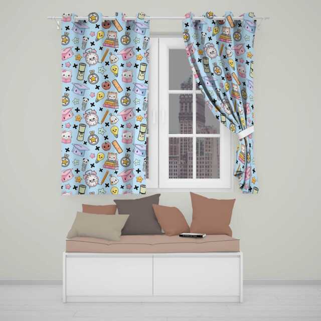 Cute Kawaii School Supplies Cat Books Blue Background Seamless Pattern Readymade Eyelet Ring Top Thermal 100% Blackout Curtains - image 1