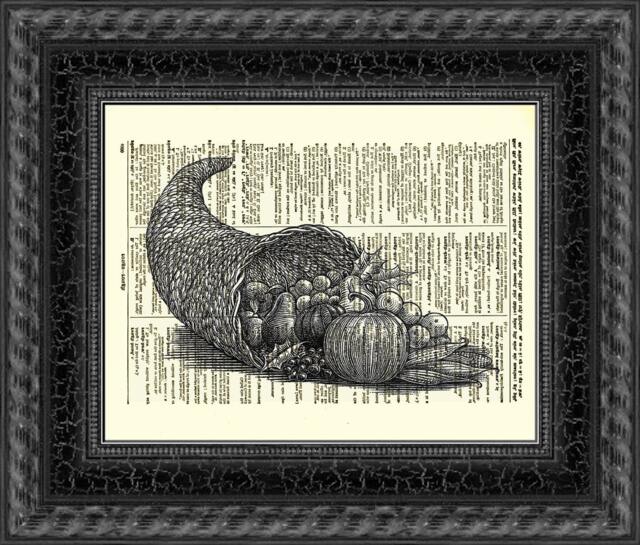 Cornucopia Print On Antique Dictionary Page, Thanksgiving Wall Art - image 1