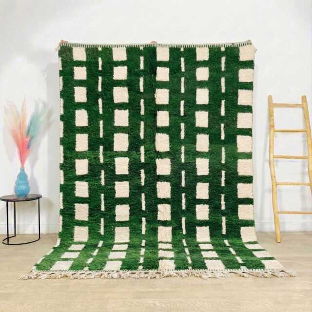 Moroccan Green Berber Rug, Handwoven Wool Shag Rug With Geometric Squares & Lines, Authentic Beni Ourain Style Carpet, Large 9x12 Area - image 1
